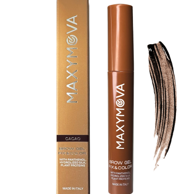 Gel para sobrancelhas Maxymova cor Cacao com embalagem dourada e tubo castanho