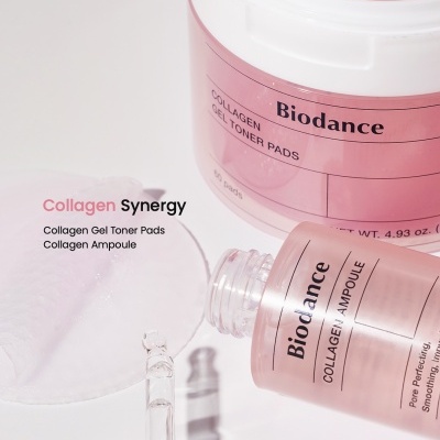 Produtos Biodance Collagen Ampoule e Gel Toner Pads rosa translúcidos com conta-gotas e disco de algodão