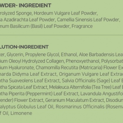 Lista de ingredientes em inglês divididos em POWDER-INGREDIENT e SOLUTION-INGREDIENT sobre fundo verde claro.