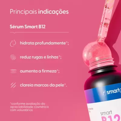 Frasco de sérum Smart B12 com conta-gotas transparente e líquido cor-de-rosa sobre fundo rosa com texto em português.