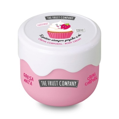 Frasco de creme corporal rosa e branco com ilustração de cupcake e morango