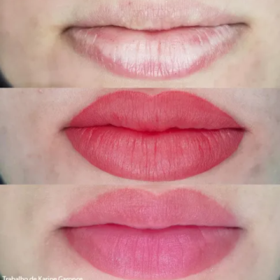 Três close-ups de lábios com diferentes cores e texturas de batom