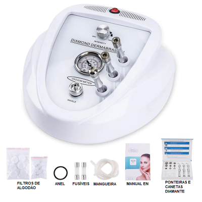 Aparelho de dermoabrasão branco com acessórios ao lado