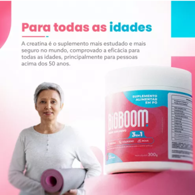 Frasco de suplemento BIGBOOM e mulher com tapete de yoga