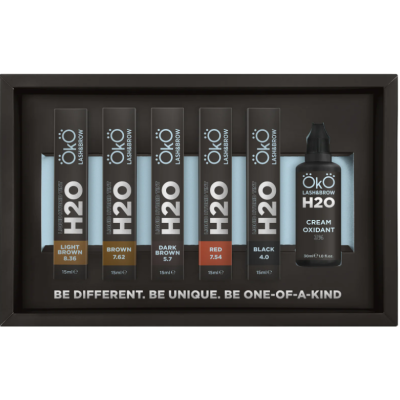 Conjunto de tintas para sobrancelhas ÖKÖ em cinco cores e oxidante numa caixa preta