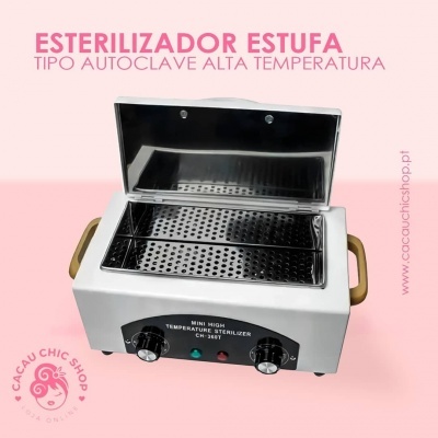 Esterilizador estufa autoclave aço inoxidável com tampa aberta e botões