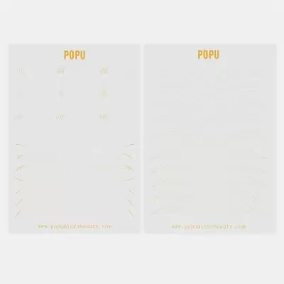 Folhas com amostras de desenhos delicados em bege, com o título POPU e endereço web.