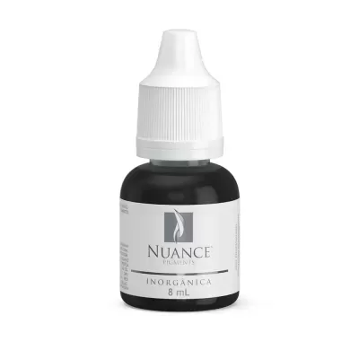 Frasco pequeno preto com tampa branca e rótulo Nuance Pigments Inorgânica 8 mL
