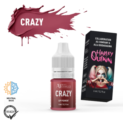 Pigmento labial Crazy com embalagem branca e rosa e caixa preto com ilustração de Harley Quinn.