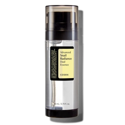 Frasco de essência cosmética transparente com tampa preta e rótulo amarelo e preto