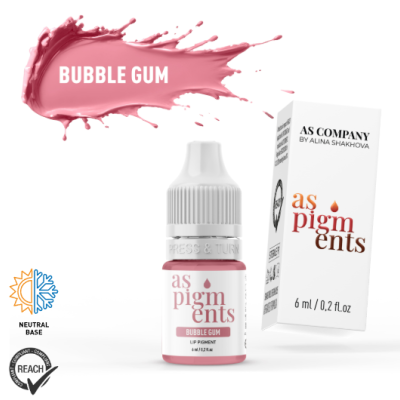 Pigmento labial bubble gum com frasco e caixa branca sobre fundo branco