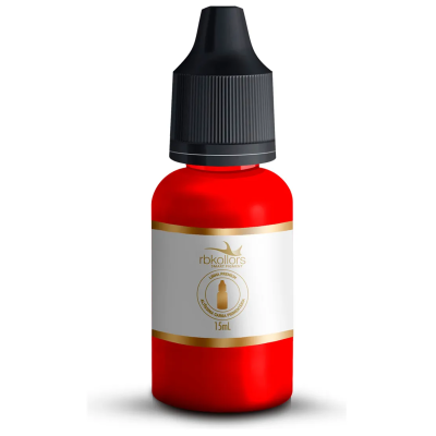 Frasco de pigmento vermelho com tampa preta e rótulo branco e dourado