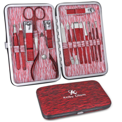Conjunto de manicure e pedicure em caixa metálica vermelha e preta com ferramentas vermelhas organizadas