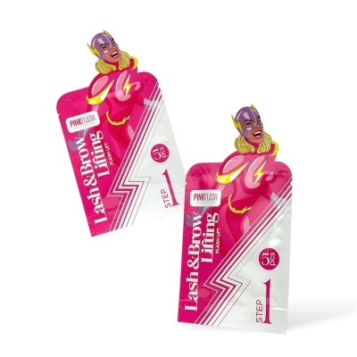 Embalagem rosa e branca do produto Pink Flash Lash & Brow Lining Amplifier com personagem de máscara roxa e cabelo amarelo