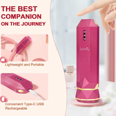 Dispositivo portátil rosa com detalhes dourados com texto promocional e USB tipo C