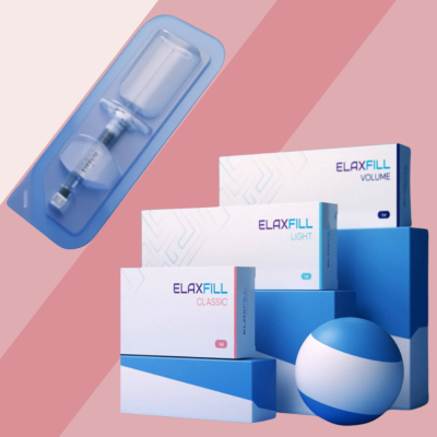 Produtos Elaxfill Classic, Light e Volume em embalagens brancas e azuis, seringa em blister e bola azul e branca.