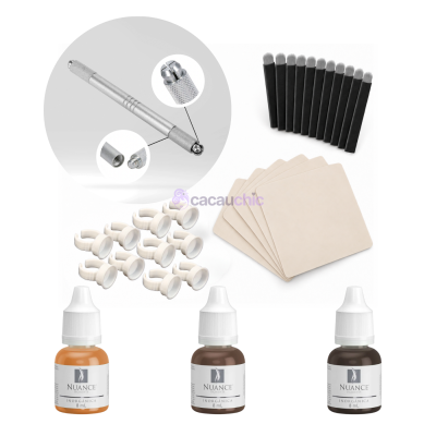 Conjunto de pincel metálico, pincéis, anéis plásticos, placas bege e frascos de pigmentos Nuance INORGÂNICA.