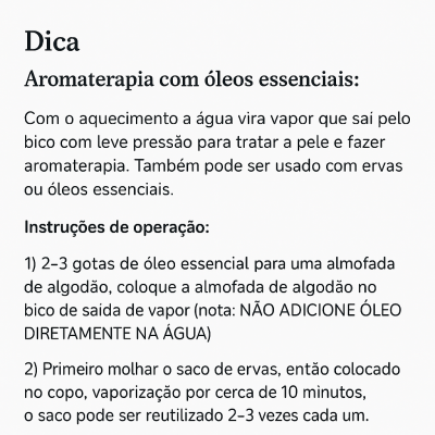 Texto explicativo sobre aromaterapia com óleos essenciais e instruções de operação.