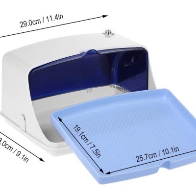 Organizador de gavetas plástico branco com bandeja azul destacável e medidas visíveis