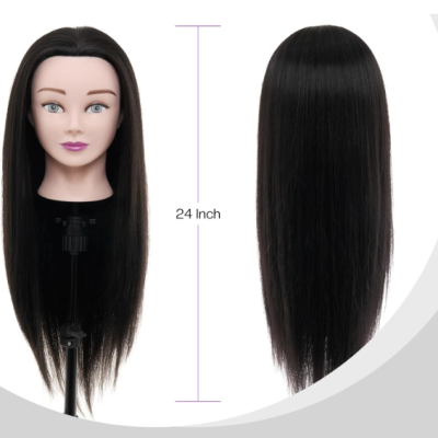 Cabeça manequim com cabelo preto liso e comprido, vista de frente e de costas