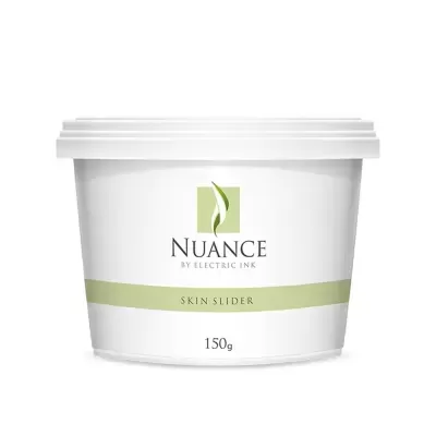 Embalagem branca de plástico com tampa, rótulo verde e texto NUANCE BY ELECTRIC INK SKIN SLIDER 150g