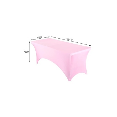 Mesa retangular com toalha rosa elástica e medidas indicadas