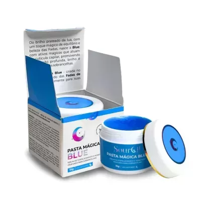 Pote de pasta mágica azul e caixa com design branco e azul