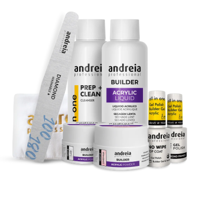 Produtos Andreia Professional Builder para unhas com diferentes líquidos, pó e lima.