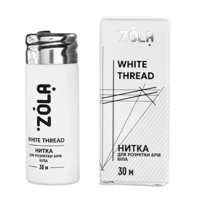 Frasco e caixa do produto ZÓLA White Thread com texto e linhas pretas sobre fundo branco