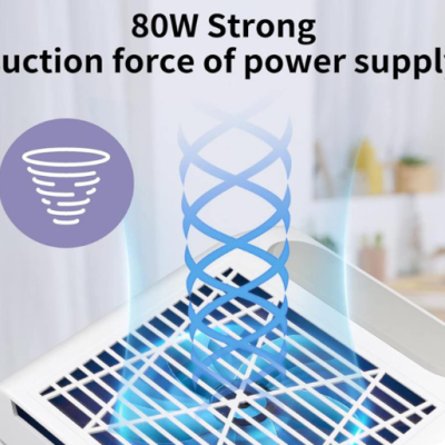 Ventoinha branca com texto '80W Strong suction force of power supply' e gráficos de sucção