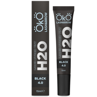 Tubo e caixa pretos do produto Tintura Líquida Híbrida ÖkÖ Lash&Brow