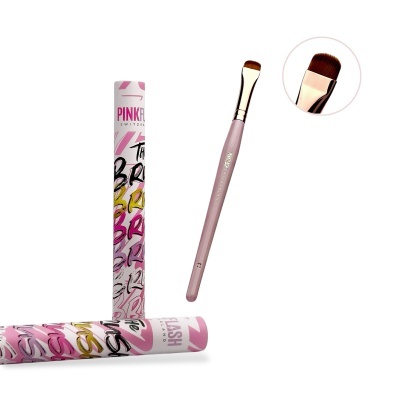 Pincel de maquilhagem rosa com embalagem cilíndrica decorada