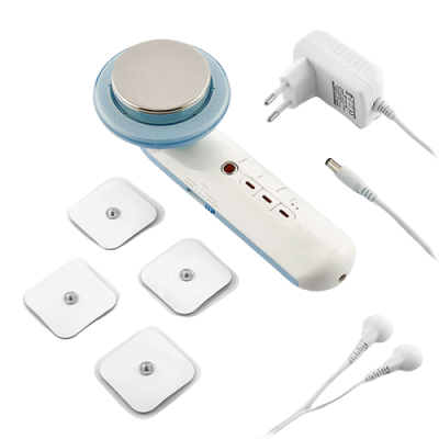 Dispositivo de tratamento branco e azul com eletrodos adesivos, auscultadores e carregador