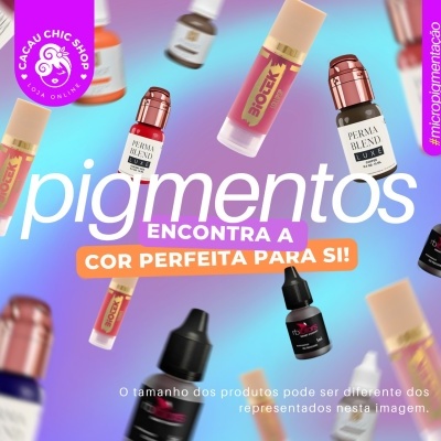 Frascos coloridos de pigmentos para micropigmentação com texto promocional em fundo azul e lilás