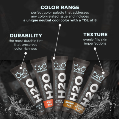 Cinco tubos de tinta para sobrancelhas ÖKÖ LASHBROW em várias cores e descrição de características