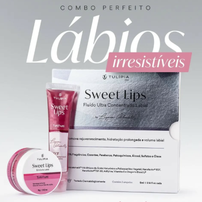 Produtos Sweet Lips da Tulípia em embalagens rosa e branco com texto, sobre superfície branca e fundo cinza