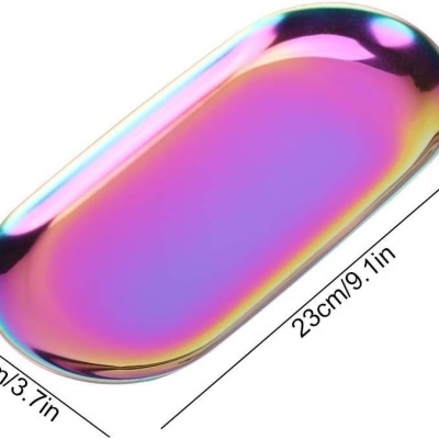 Tabuleiro metálico retangular iridescente com dimensões indicadas