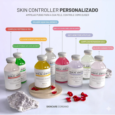 Ampolas coloridas de sérum coreano com etiquetas e pétalas vermelhas num fundo claro