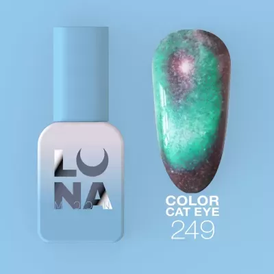 Frasco de verniz de unhas azul claro com amostra de unha colorida e texto COLOR CAT EYE 249.