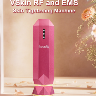 Aparelho rosa para tratamento de pele com design geométrico e texto Sunmay