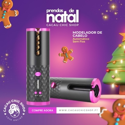 Modeladores de cabelo automáticos sem fios pretos com detalhes rosa, com personagens de gengibre e árvore de Natal ao fundo