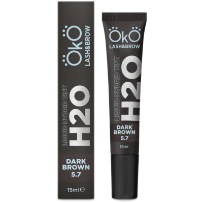 Tubo e caixa do produto ÖKO LASH&BROW H2O líquido tintura castanho escuro 15ml
