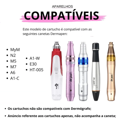 Imagem com cinco canetas Dermapen coloridas alinhadas e texto sobre compatibilidade de cartuchos
