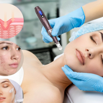 Dispositivo de microagulhamento e imagens de pele com acne e tratada