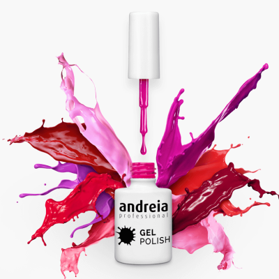 Frasco branco de verniz gel para unhas com pincel e manchas de verniz colorido atrás.