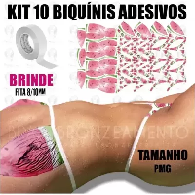 Kit 10 biquínis adesivos padrão melancia com fita adesiva branca e modelo a usar um deles