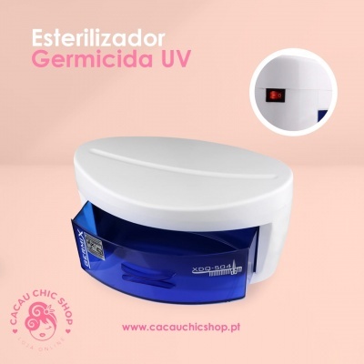 Esterilizador germicida UV branco com tampa azul translúcida em fundo rosa