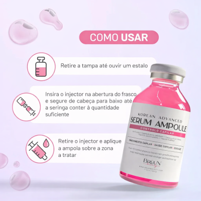 Frasco rosa de serum ampoule com texto de instruções em português