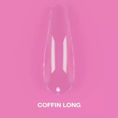 Unha postiça transparente formato coffin long em fundo rosa