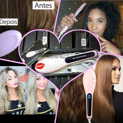 Alisador de cabelo branco e rosa com antes e depois do uso em vários tipos de cabelo